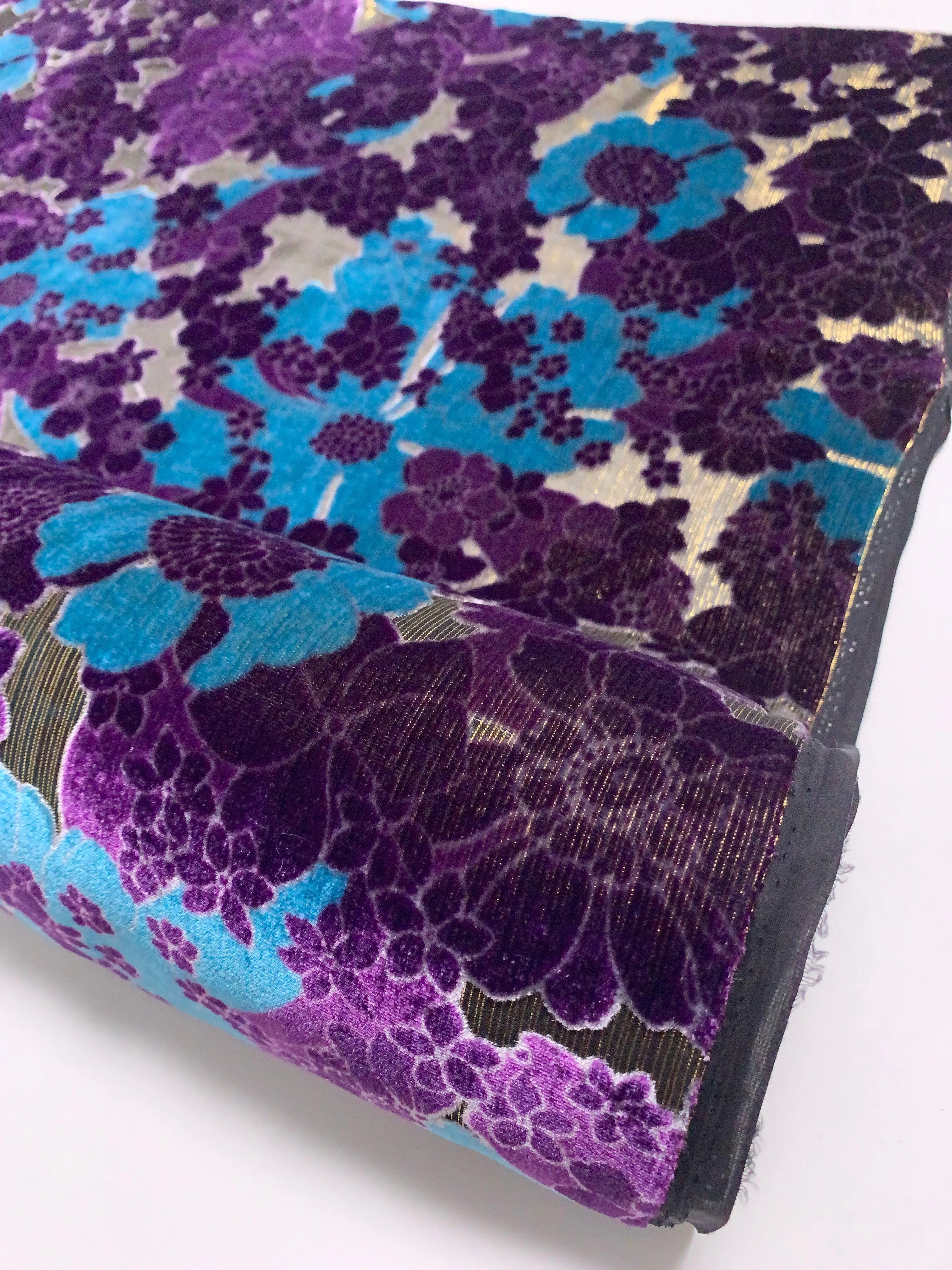 Anna Sui Floral Cut Velvet on Metallic Silk Chiffon - Violet/Blue/Black/Gold
