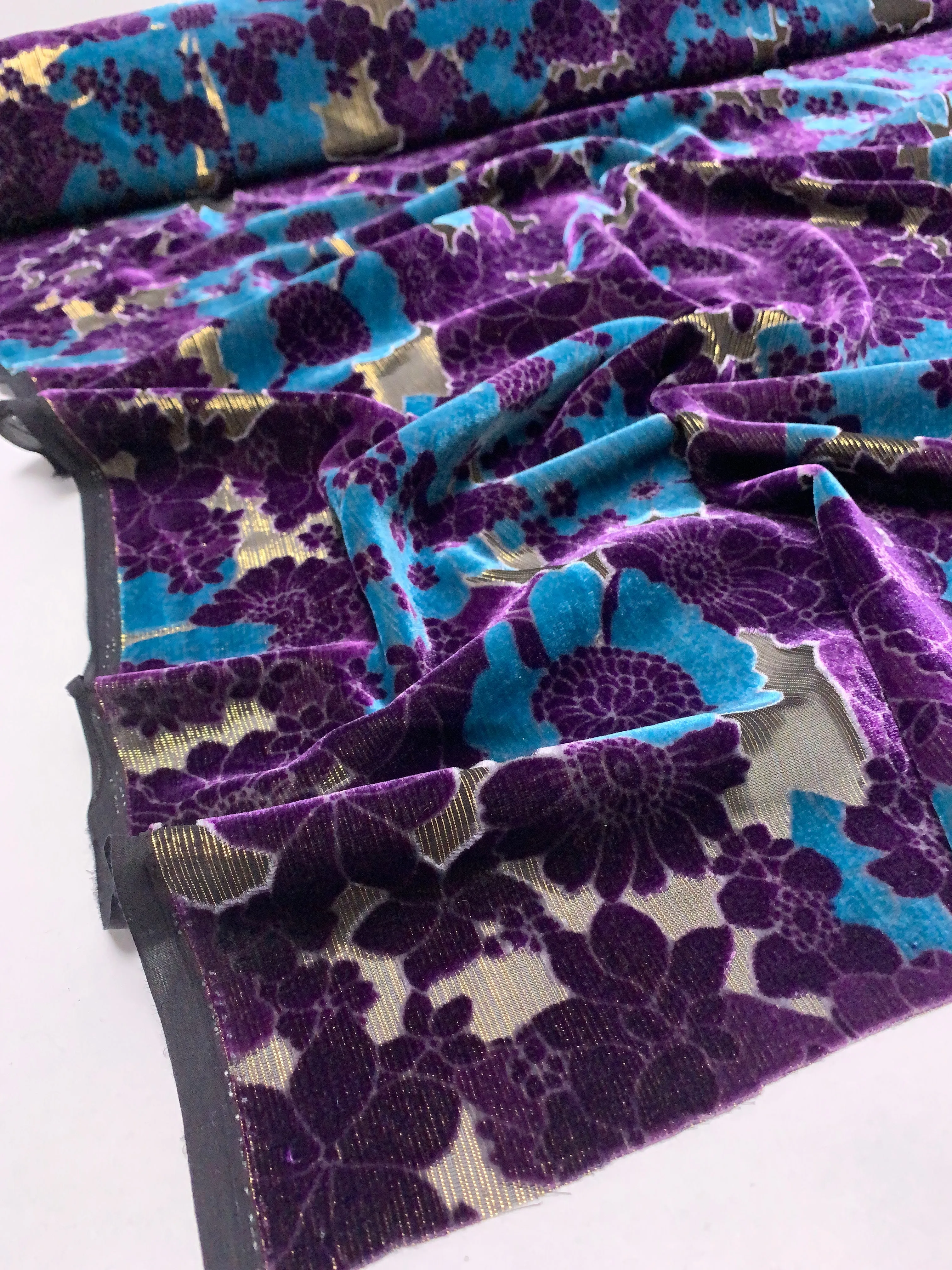 Anna Sui Floral Cut Velvet on Metallic Silk Chiffon - Violet/Blue/Black/Gold