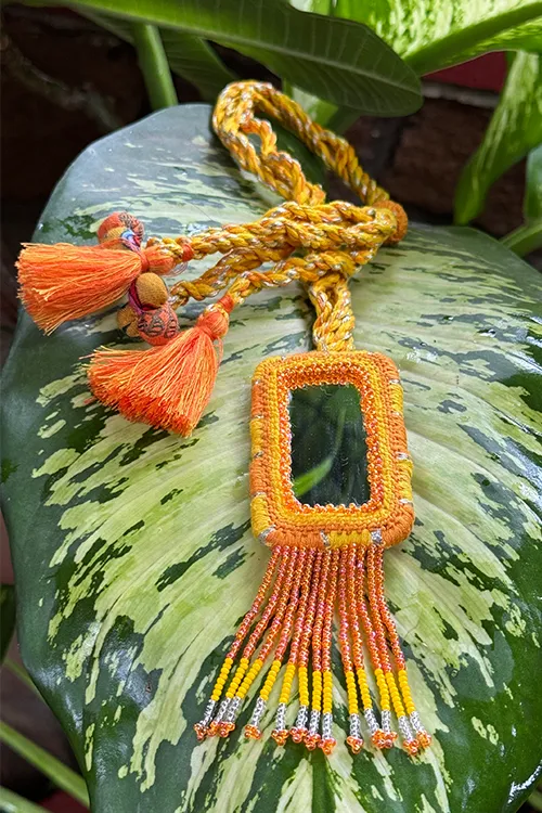 Antarang- Haldi Pushapa(Yellow-Orange), Bead Jumki Long Neck Piece,  100% Cotton. Hand Made By Divyang Rural Women.