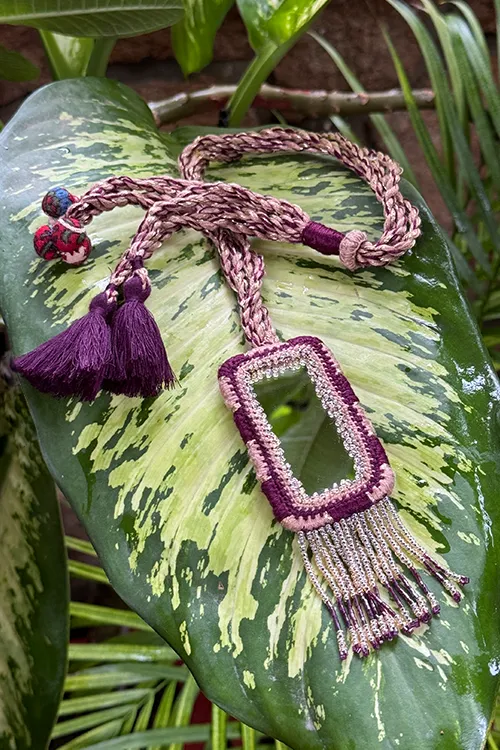 Antarang- Jamun Phool (Wine),Bead Jumki Long Neck Piece,  100% Cotton. Hand Made By Divyang Rural Women.