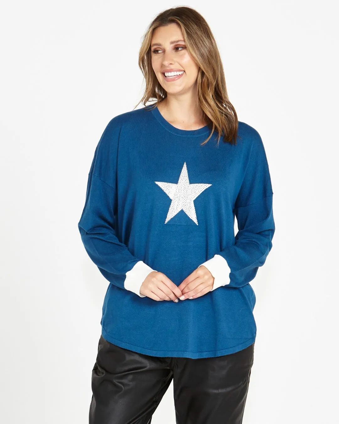 Betty Basics Sophie Knit Lightweight Jumper Dark Teal Sequin Star