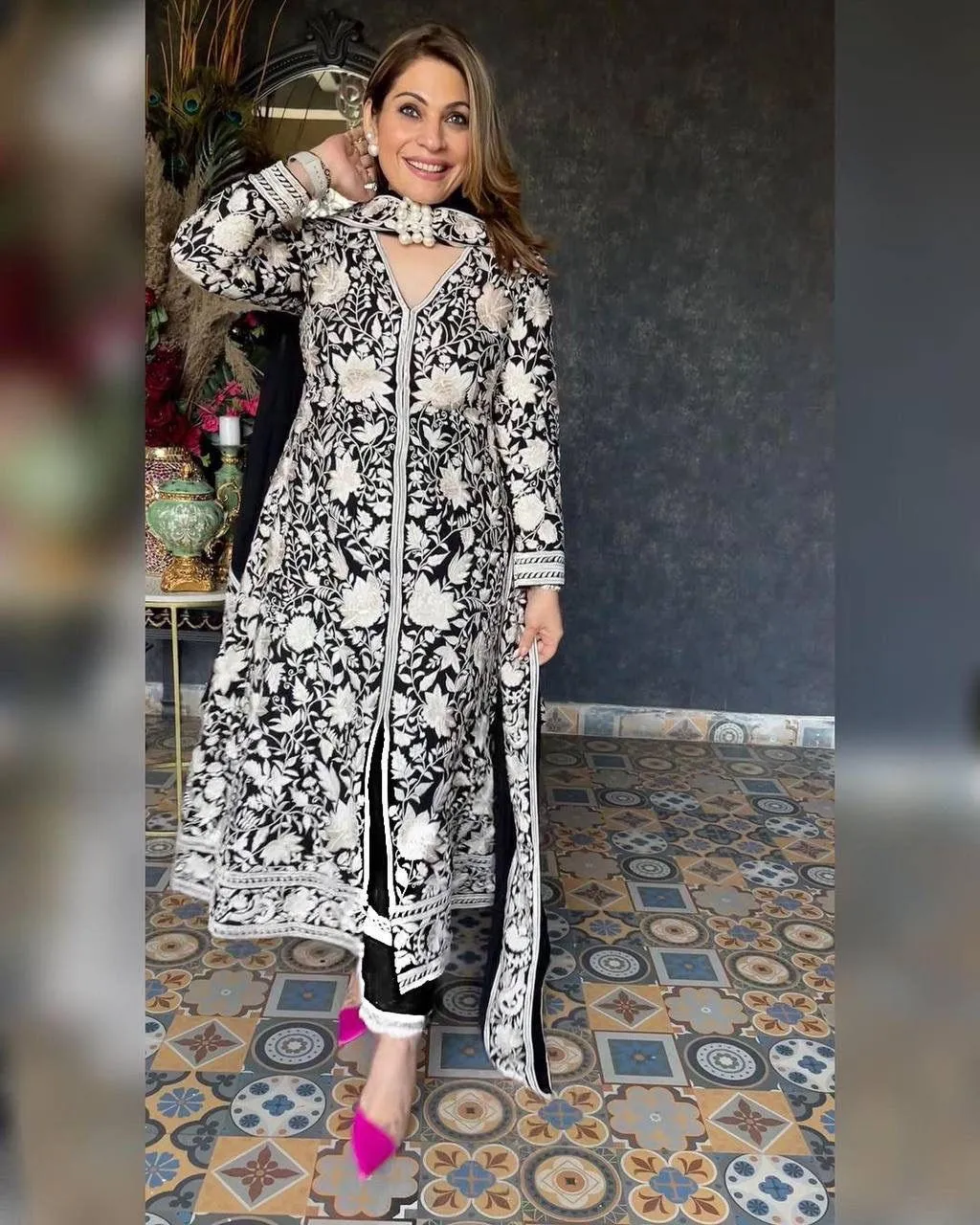 Black Sherwani Style Kurta Set with Intricate Arrah Work and Embroidered Dupatta