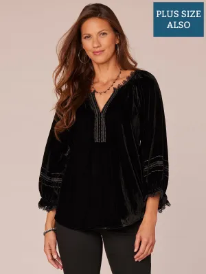 Blouson Sleeve Ruffle Edge V-Neck Embroidered Plus Size Woven Top