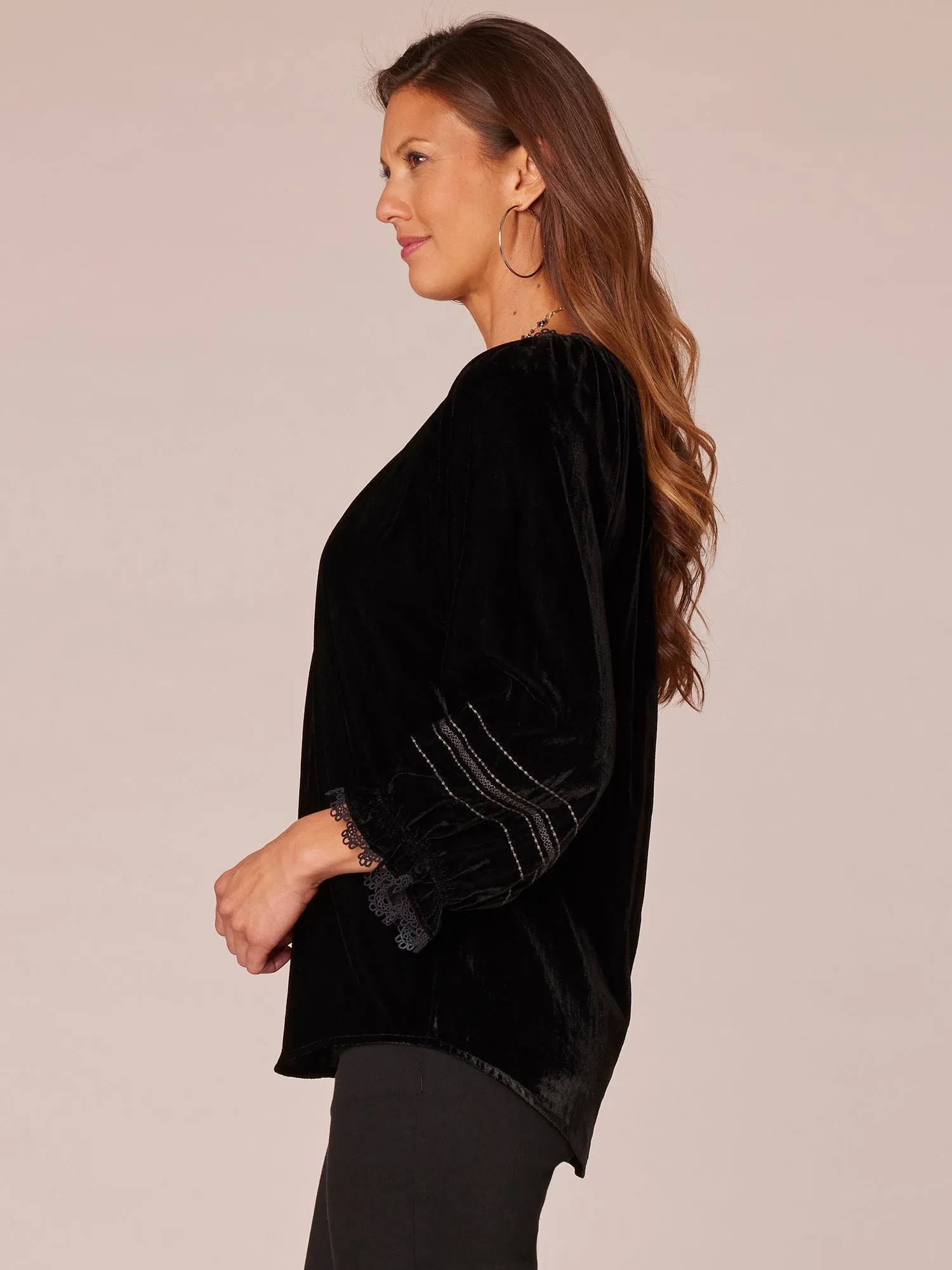 Blouson Sleeve Ruffle Edge V-Neck Embroidered Plus Size Woven Top