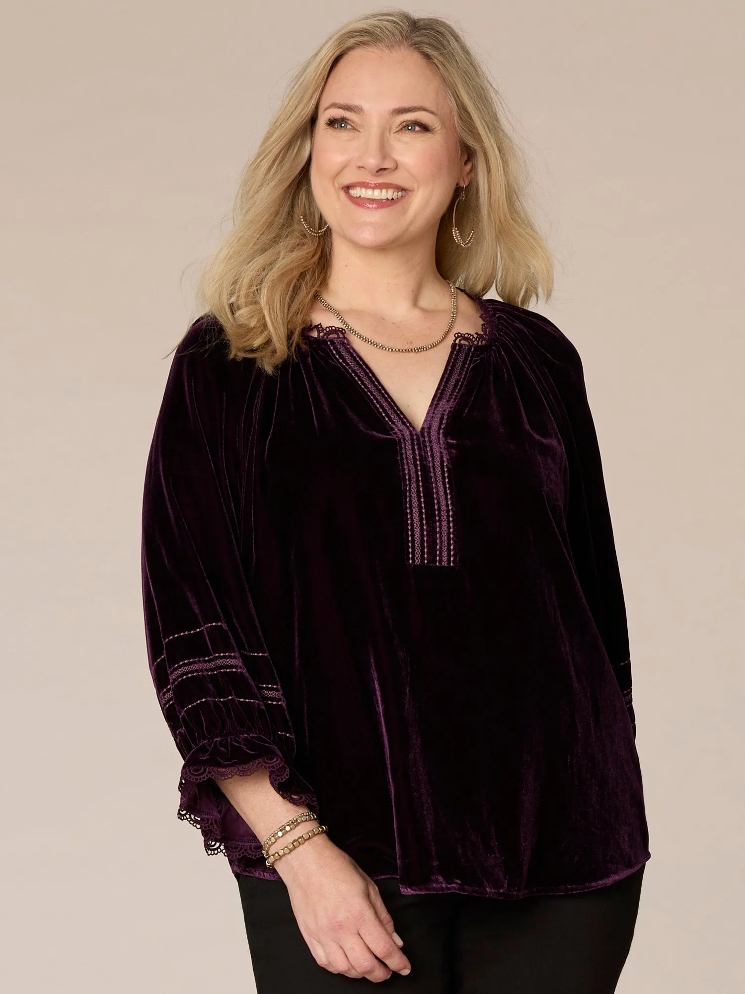 Blouson Sleeve Ruffle Edge V-Neck Embroidered Plus Size Woven Top