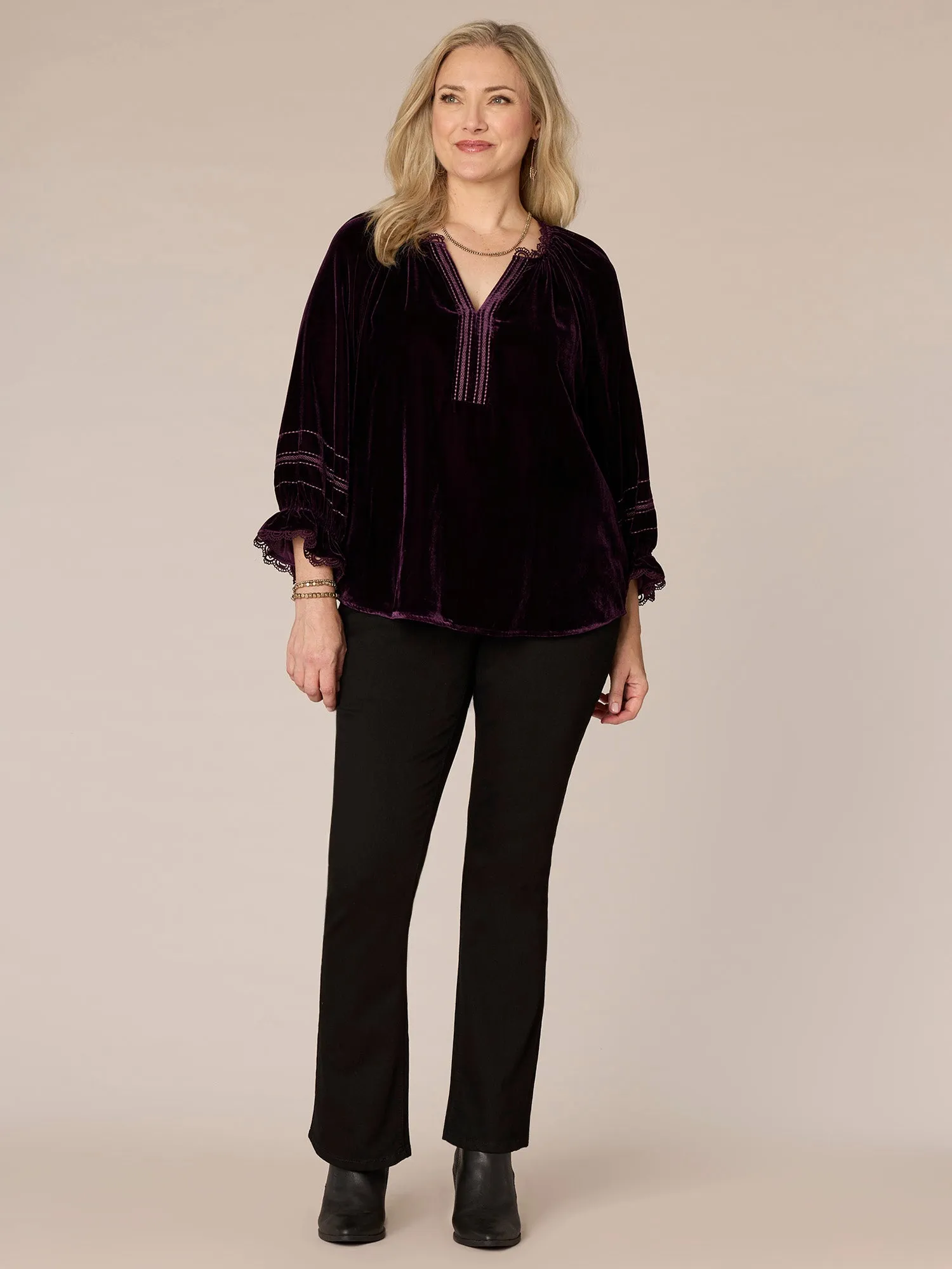 Blouson Sleeve Ruffle Edge V-Neck Embroidered Plus Size Woven Top