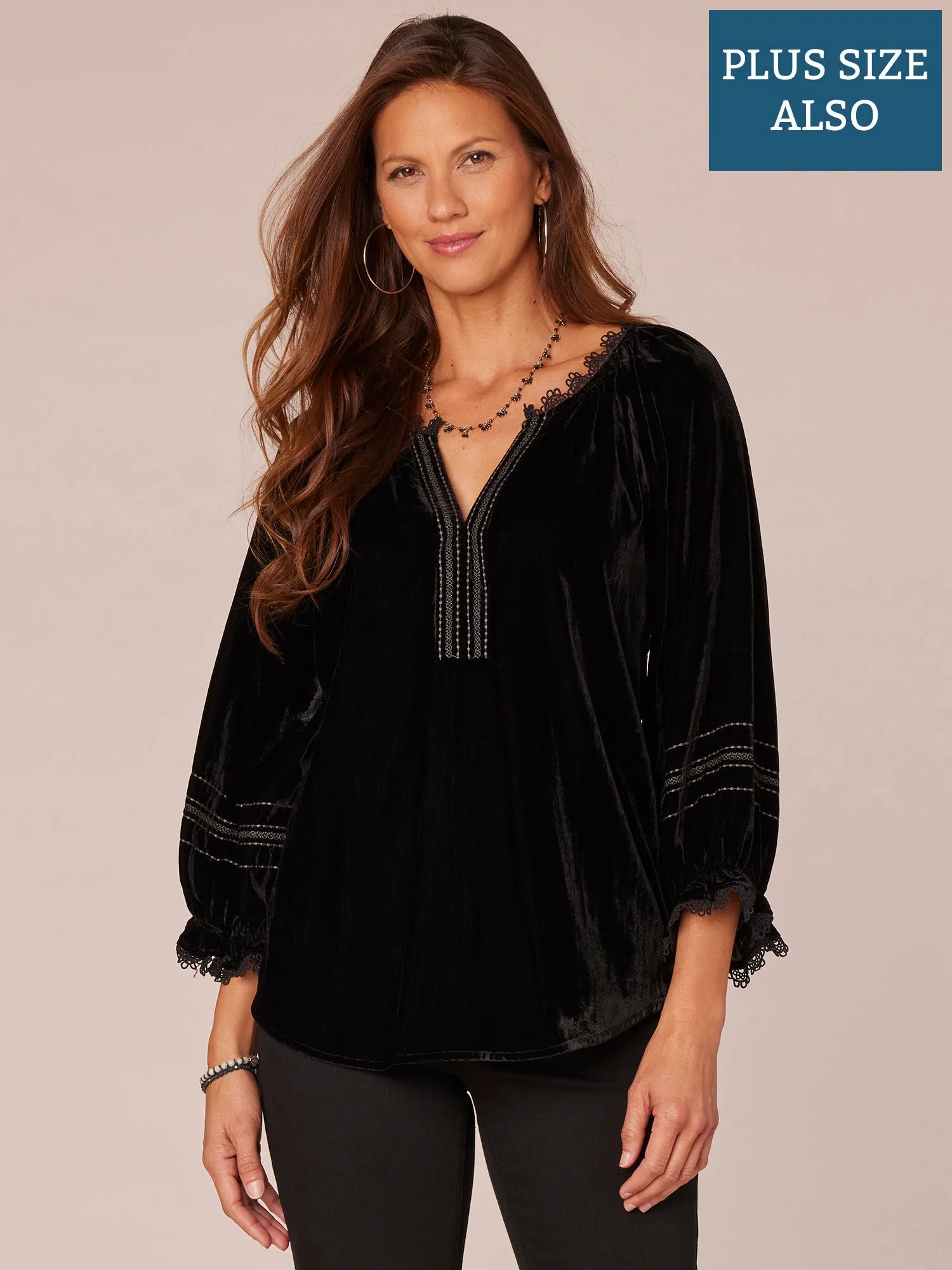 Blouson Sleeve Ruffle Edge V-Neck Embroidered Plus Size Woven Top