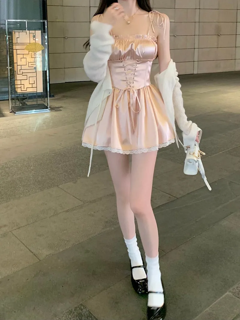 Coquette Fashion Korean Off Duty Ballerina Aesthetic Powder Pink Satin Dress Shorts Set