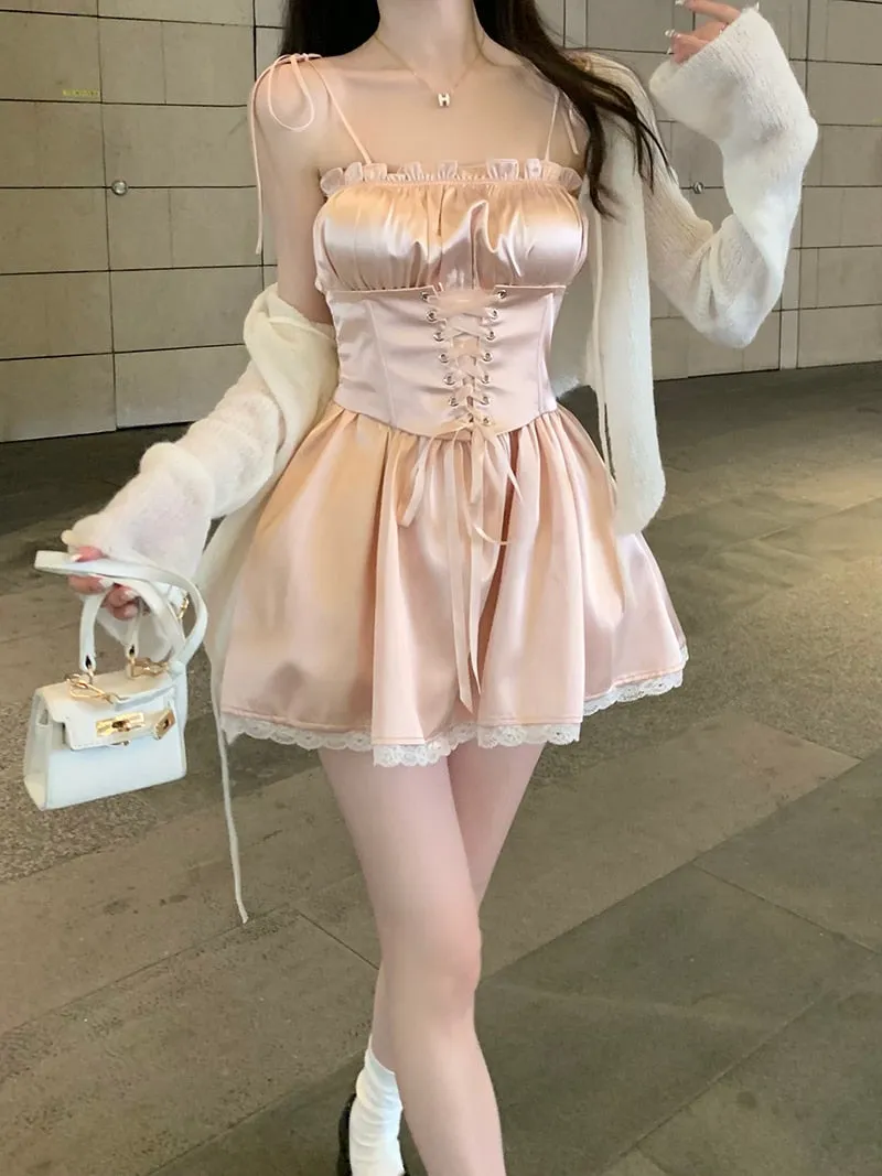 Coquette Fashion Korean Off Duty Ballerina Aesthetic Powder Pink Satin Dress Shorts Set