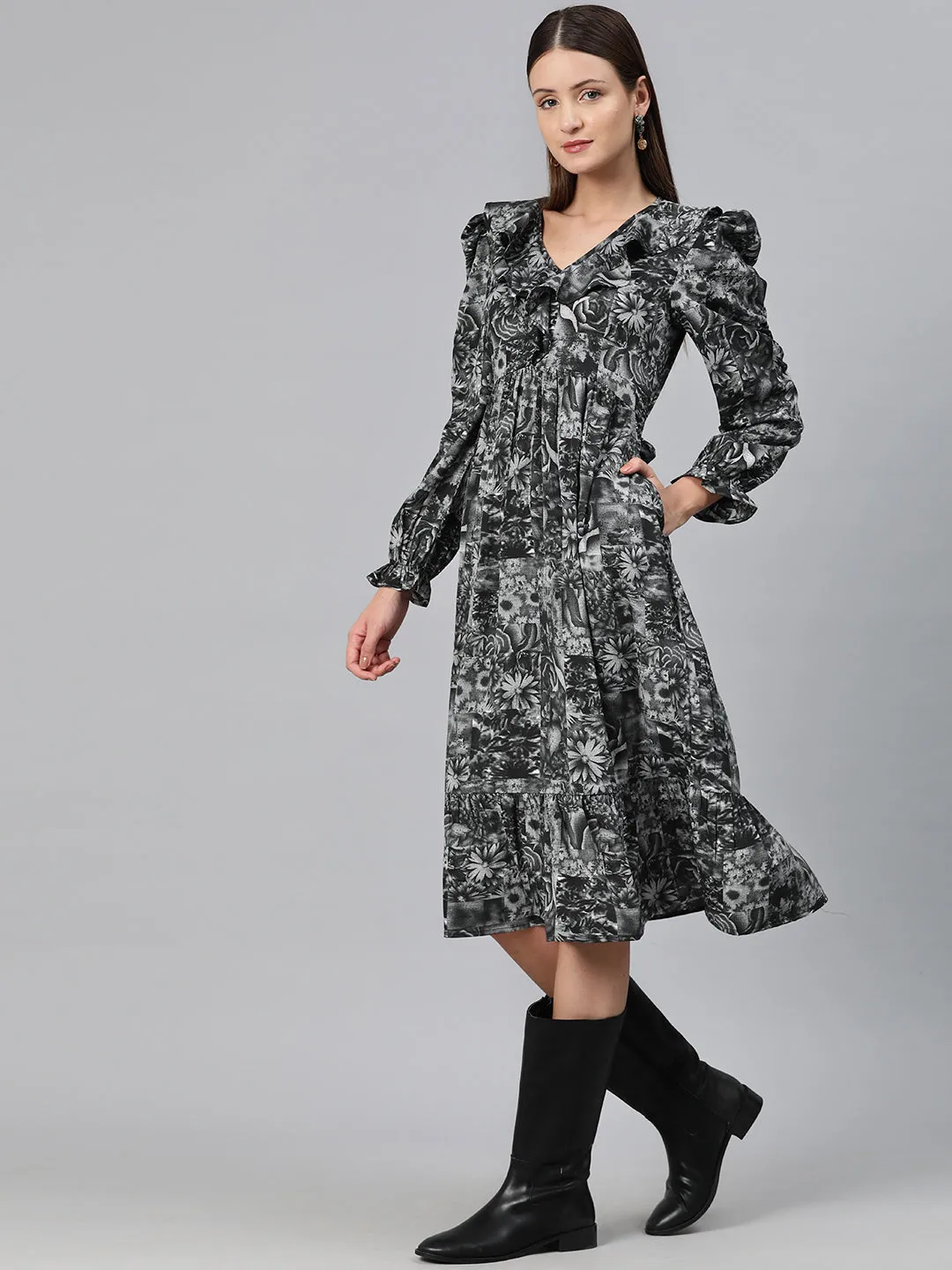 Cottinfab Women Floral Print Puff Sleeves Ruffled Crepe A-Line Midi Dress