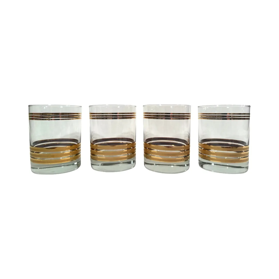 Culver Mid-Century Tastesetter Golden Bands Double Old Fashion Glasses (Set of 4)