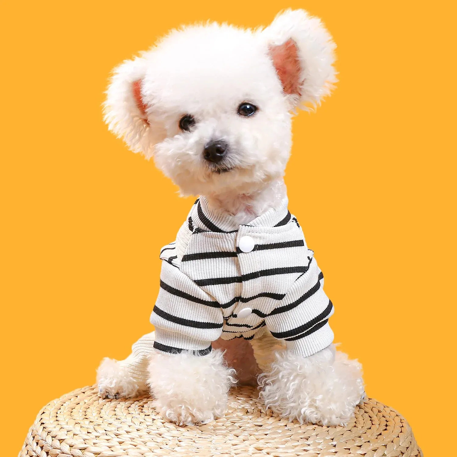 Fashion Forward: Black and White Stripe Pocket Button Four-Leg Strap Pants - Autumn Winter Pet Apparel for Small and Medium-Sized Dogs