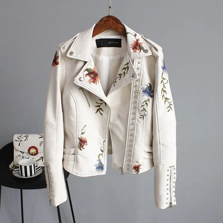 Floral Embellished Leather Jacket
