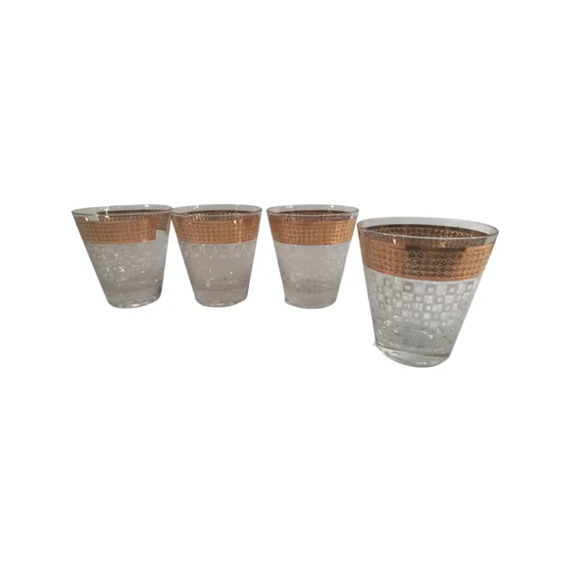 Georges Briard Signed Gold and Frosted Checker Double Old Fashion Glasses (Set of 4)
