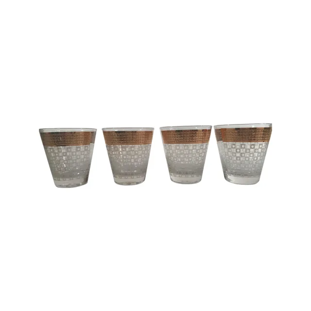 Georges Briard Signed Gold and Frosted Checker Double Old Fashion Glasses (Set of 4)