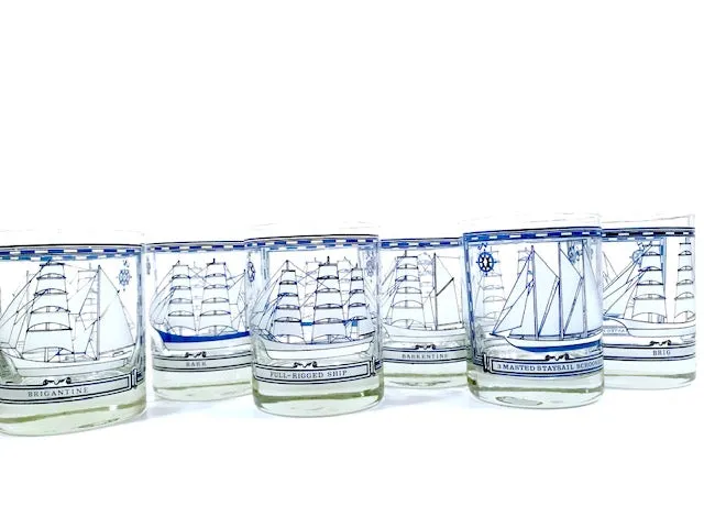 Georges Briard Signed Mid-Century Blue and White Ships Double Old Fashion Glasses (Set of 6)