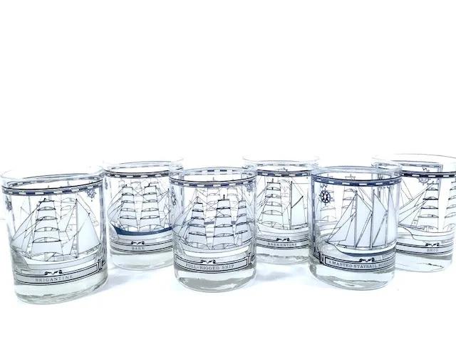 Georges Briard Signed Mid-Century Blue and White Ships Double Old Fashion Glasses (Set of 6)