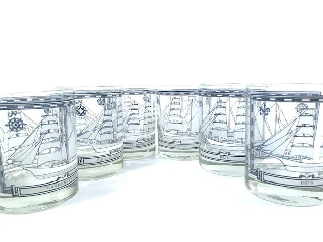 Georges Briard Signed Mid-Century Blue and White Ships Double Old Fashion Glasses (Set of 6)