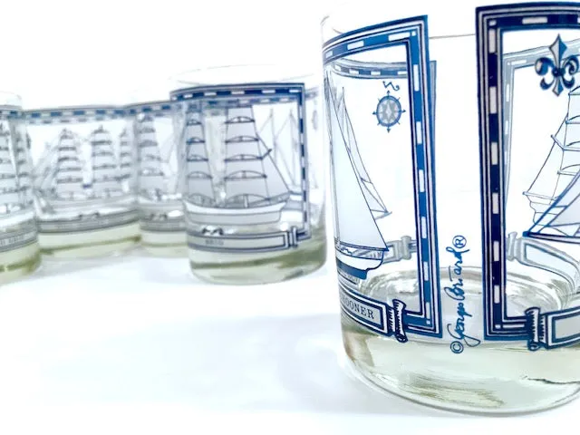 Georges Briard Signed Mid-Century Blue and White Ships Double Old Fashion Glasses (Set of 6)