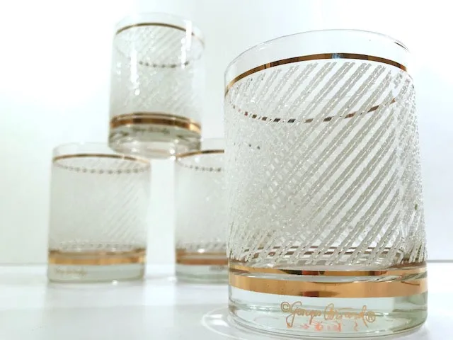Georges Briard Signed Mid-Century Gold and White Ice Double Old Fashion Glasses (Set of 4)