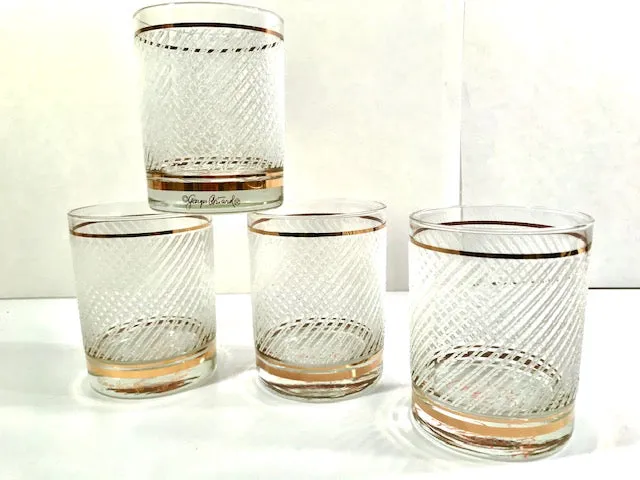 Georges Briard Signed Mid-Century Gold and White Ice Double Old Fashion Glasses (Set of 4)