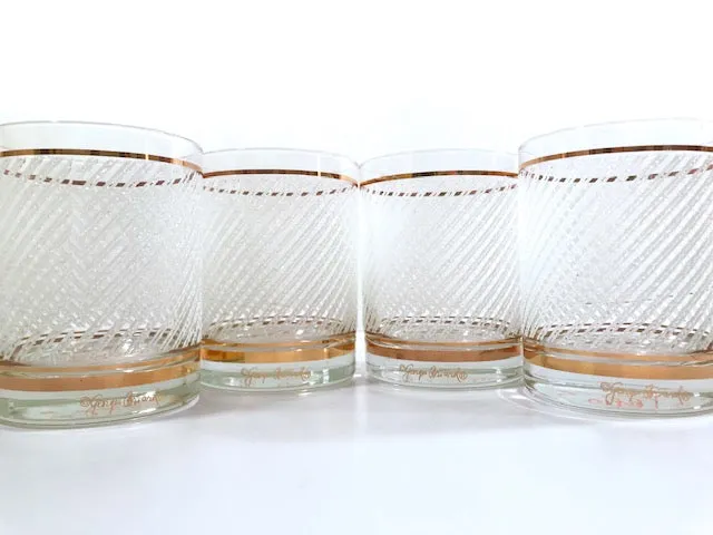 Georges Briard Signed Mid-Century Gold and White Ice Double Old Fashion Glasses (Set of 4)