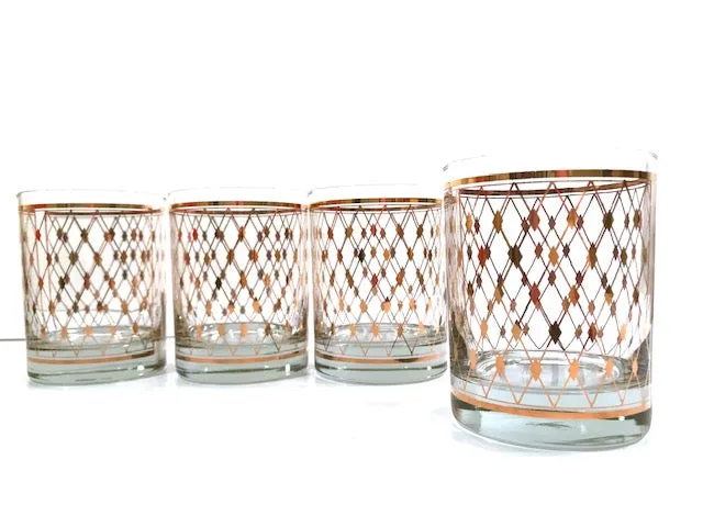 Georges Briard Signed Mid-Century Golden Diamonds Double Old Fashion Glasses (Set of 4)