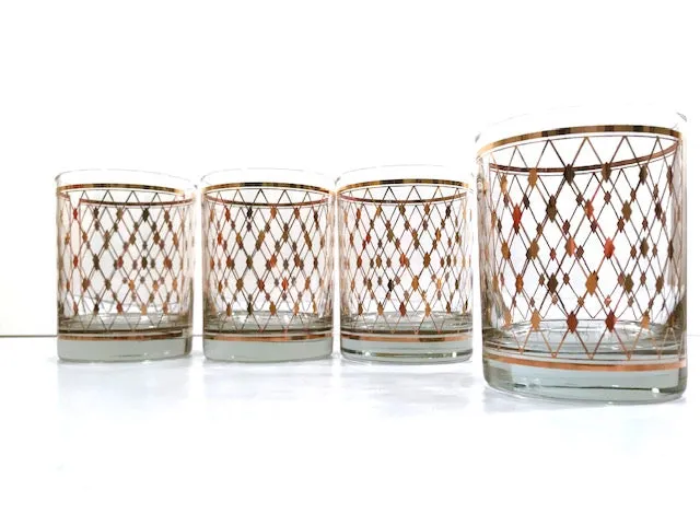 Georges Briard Signed Mid-Century Golden Diamonds Double Old Fashion Glasses (Set of 4)