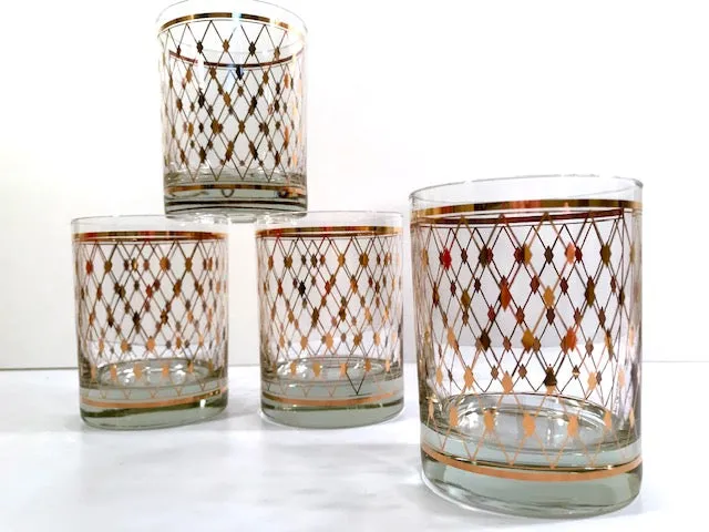 Georges Briard Signed Mid-Century Golden Diamonds Double Old Fashion Glasses (Set of 4)
