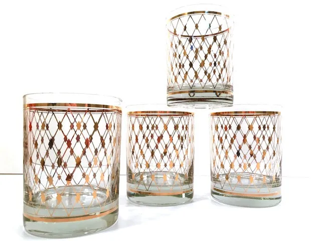 Georges Briard Signed Mid-Century Golden Diamonds Double Old Fashion Glasses (Set of 4)
