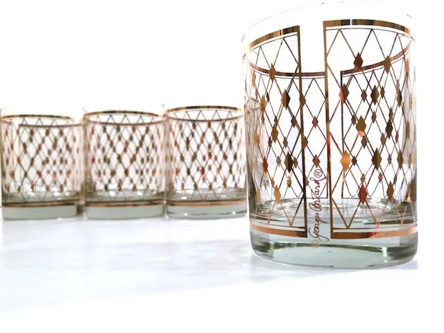 Georges Briard Signed Mid-Century Golden Diamonds Double Old Fashion Glasses (Set of 4)
