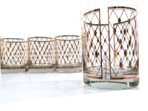 Georges Briard Signed Mid-Century Golden Diamonds Double Old Fashion Glasses (Set of 4)