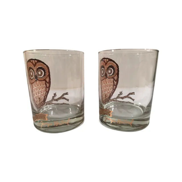 Georges Briard Signed Vintage Retro Owl Double Old Fashion Glasses (Set of 2)