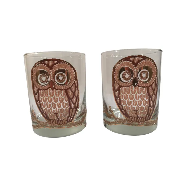 Georges Briard Signed Vintage Retro Owl Double Old Fashion Glasses (Set of 2)