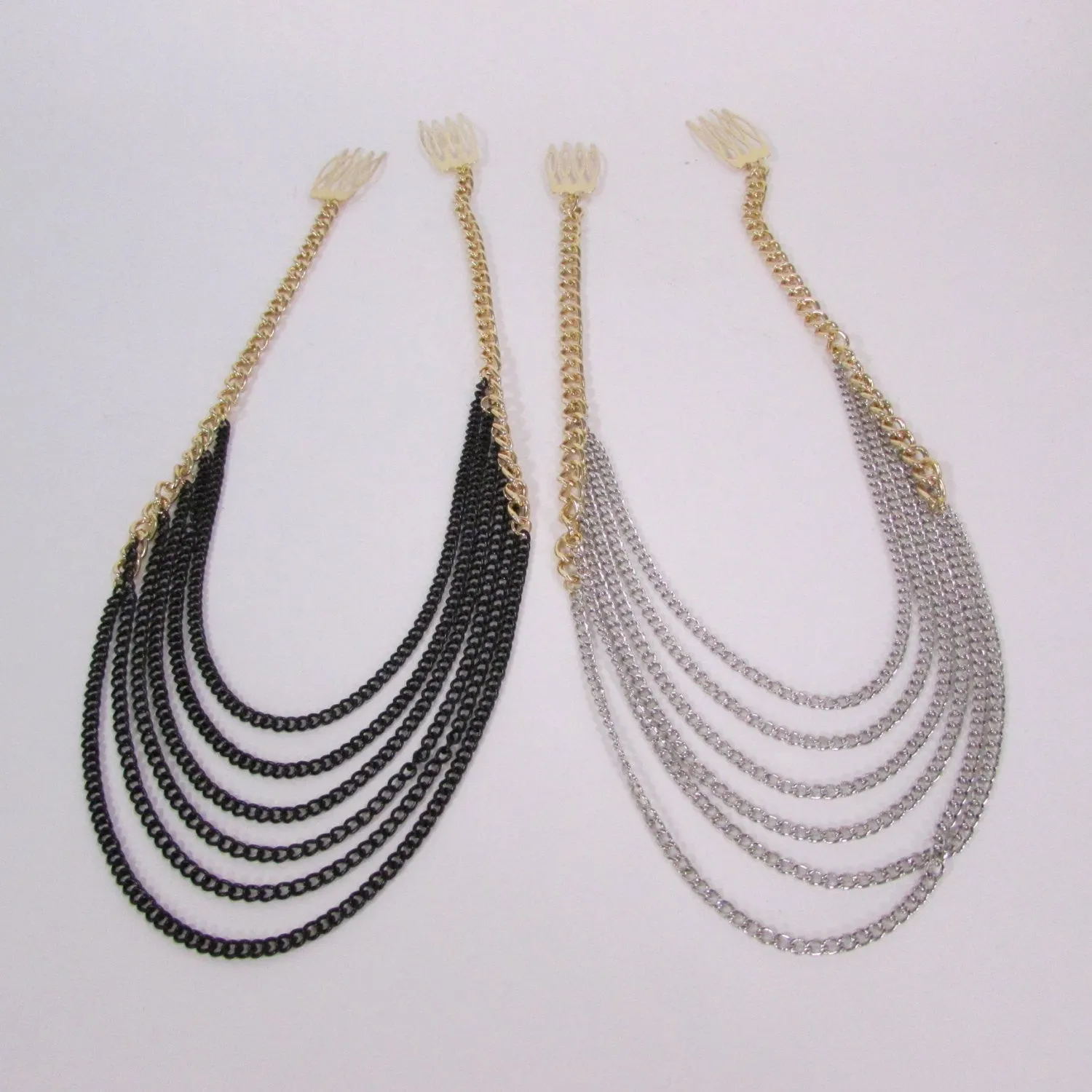 Gold Long Silver Black Head Chain Sides Clips Multi Waves Drops Strands
