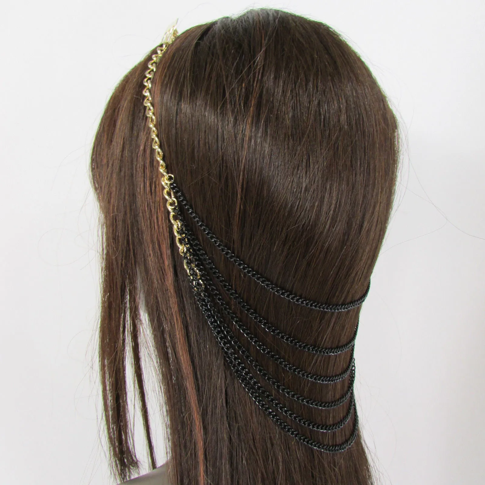 Gold Long Silver Black Head Chain Sides Clips Multi Waves Drops Strands