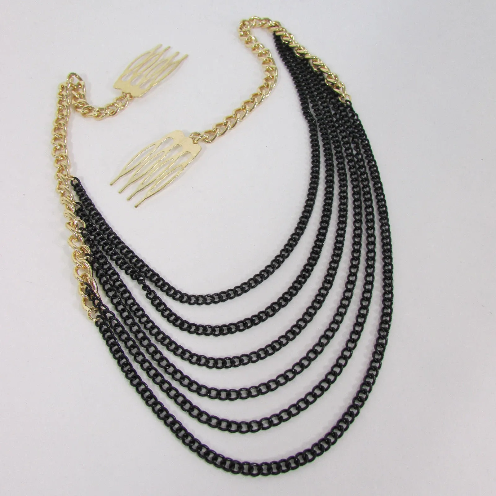 Gold Long Silver Black Head Chain Sides Clips Multi Waves Drops Strands