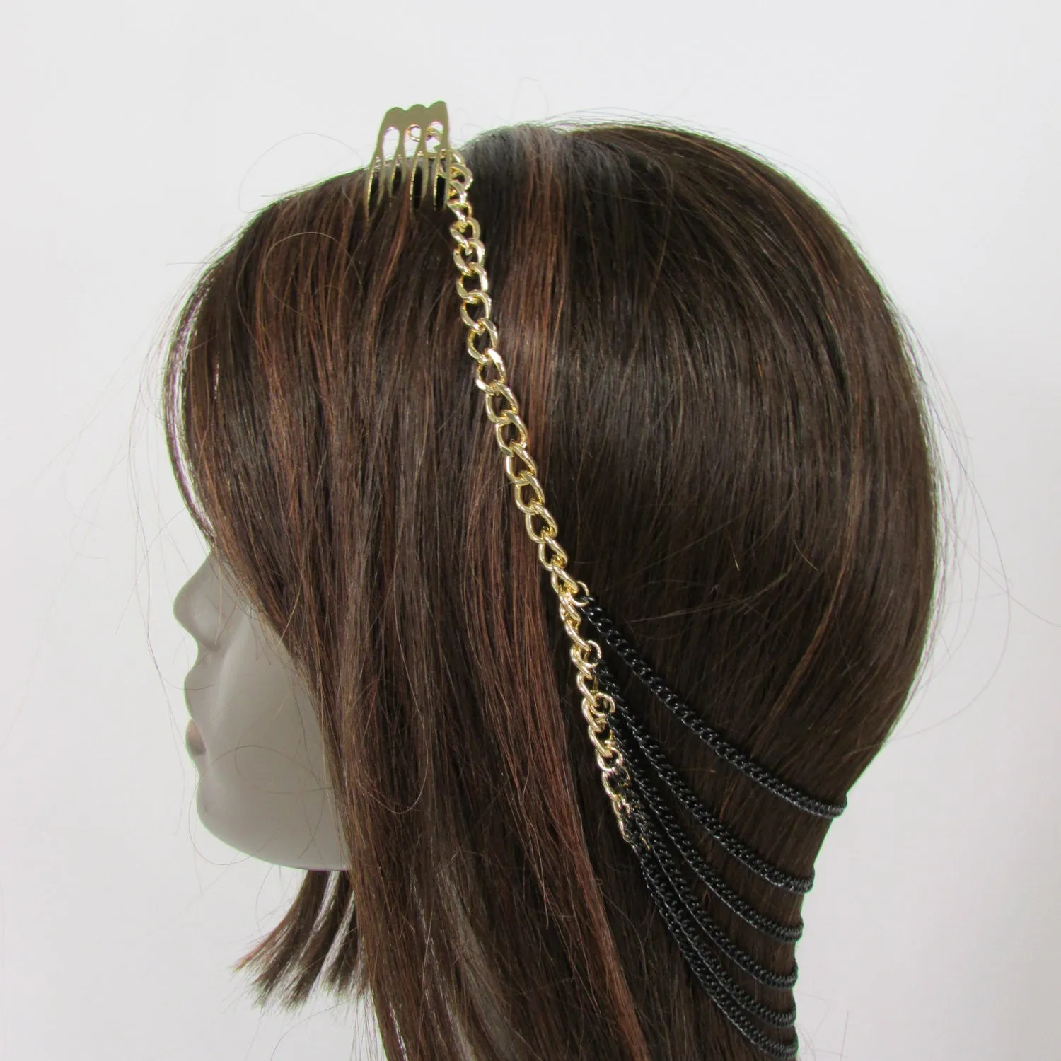 Gold Long Silver Black Head Chain Sides Clips Multi Waves Drops Strands