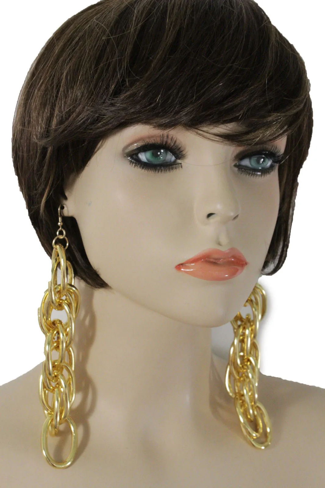 Gold Metal Chain Chunky Thick Links Hip Hop Long Drop Earrings Set