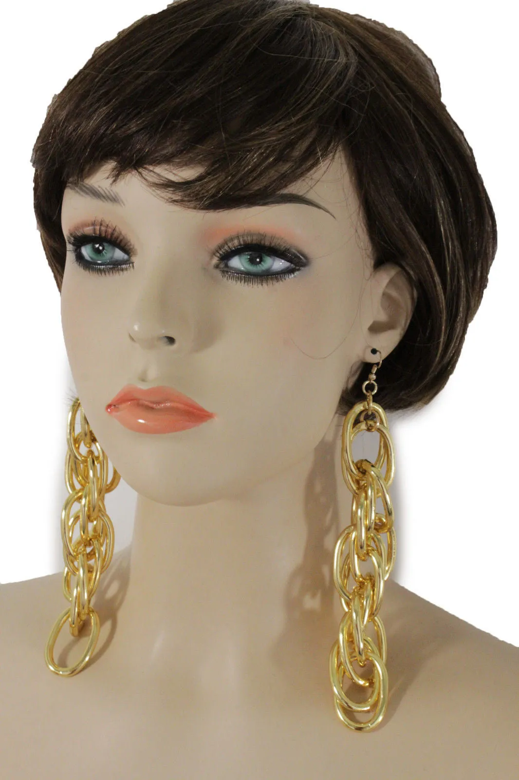 Gold Metal Chain Chunky Thick Links Hip Hop Long Drop Earrings Set