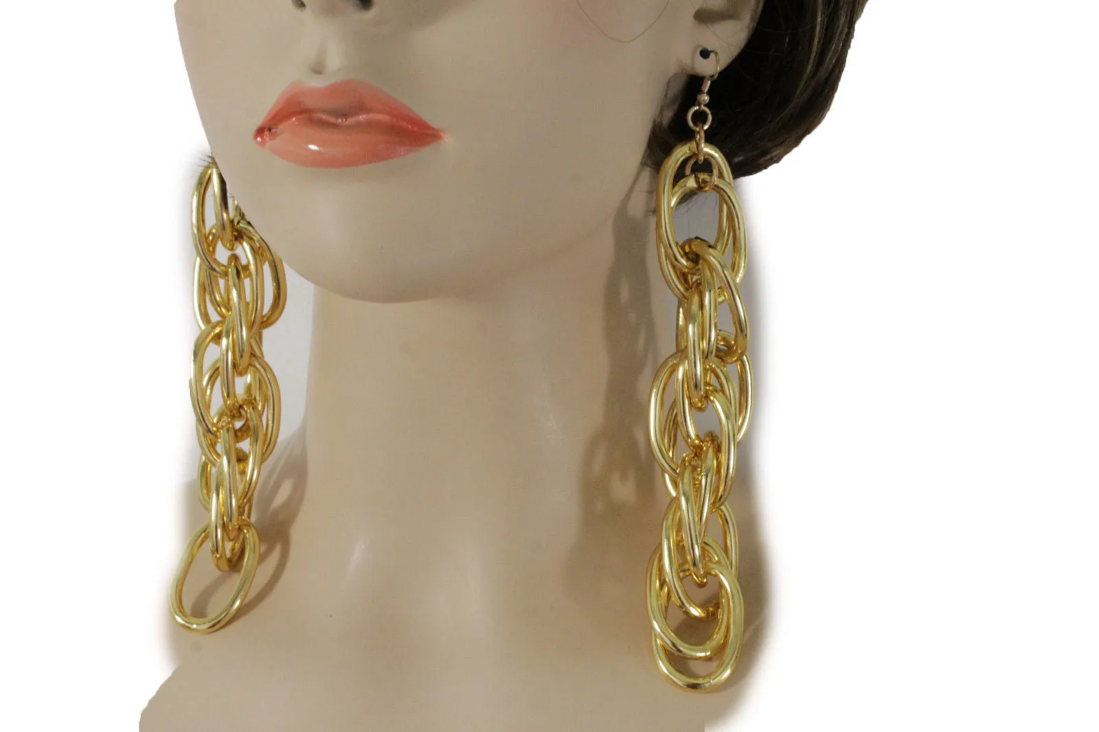 Gold Metal Chain Chunky Thick Links Hip Hop Long Drop Earrings Set