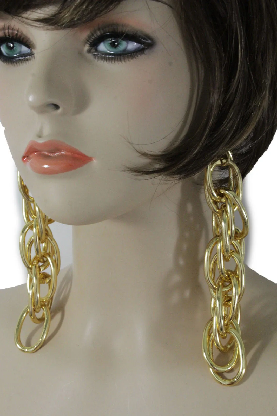 Gold Metal Chain Chunky Thick Links Hip Hop Long Drop Earrings Set