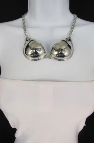 Gold Silver Mini Metal Bikini Bra Pendant 13" Long Chains Necklace