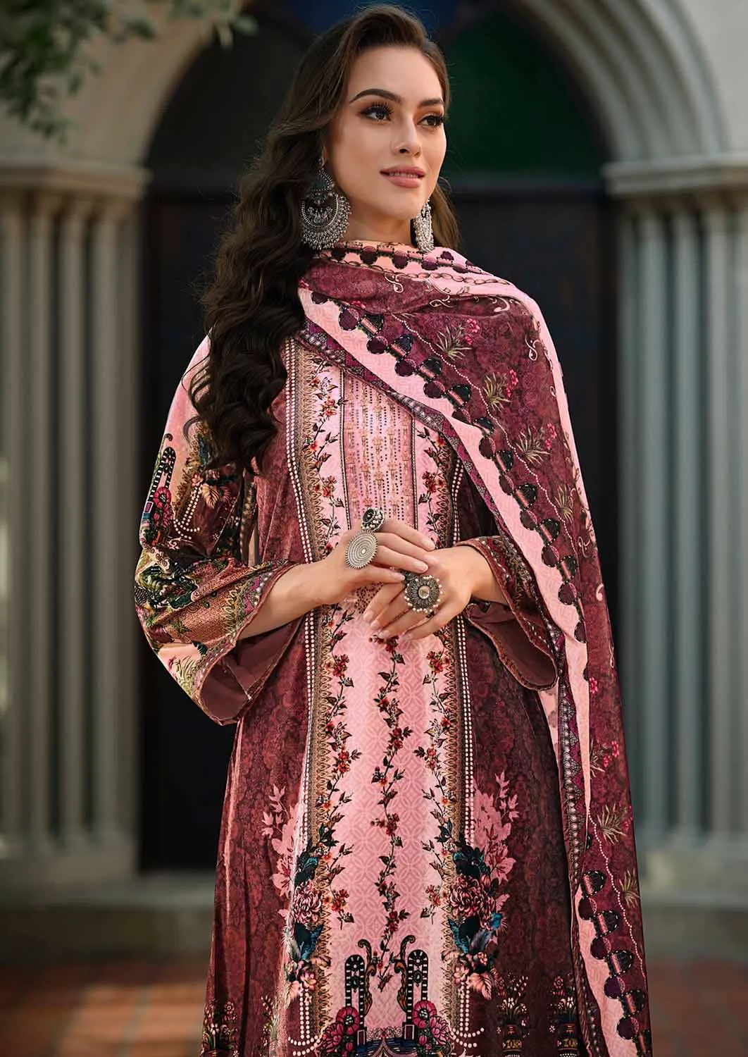 Kilory Peach Unstitched Winter Velvet Suit Dress Material for Ladies