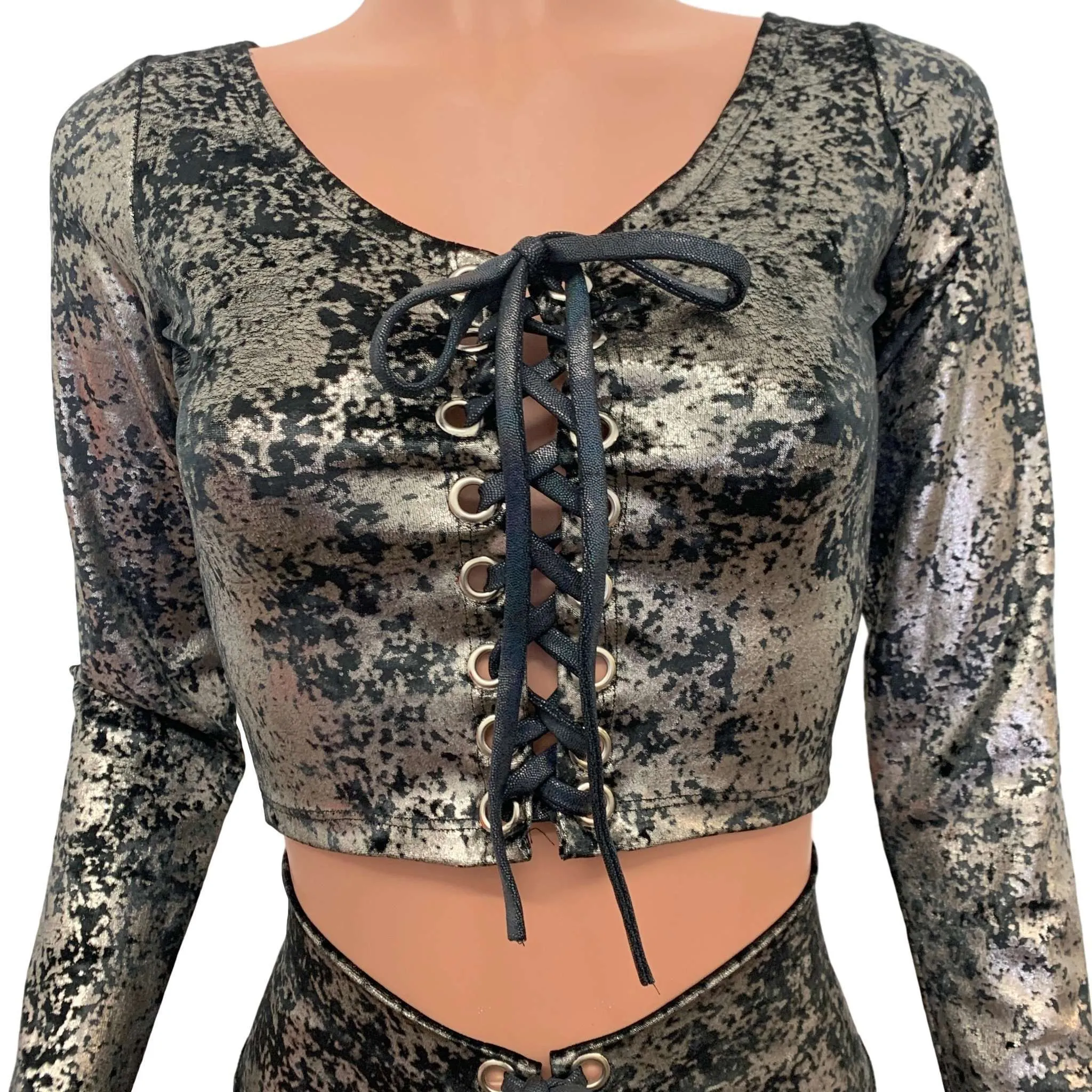 Lace-Up Gilded Velvet Outfit - Gunmetal on Black