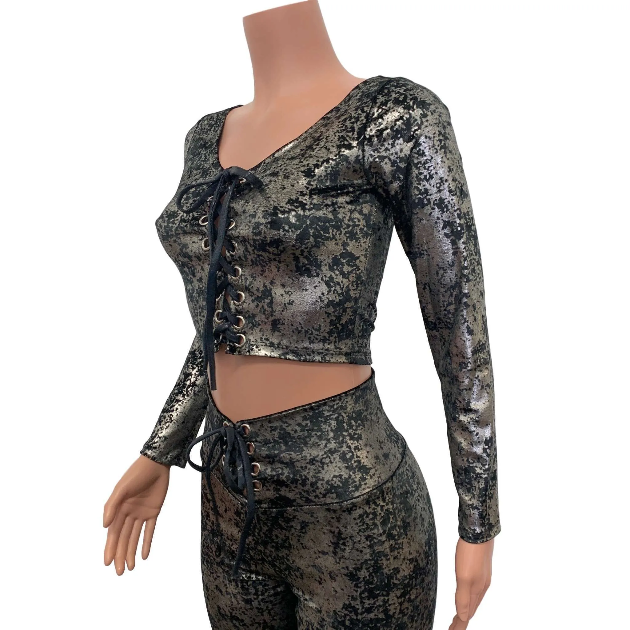 Lace-Up Gilded Velvet Outfit - Gunmetal on Black