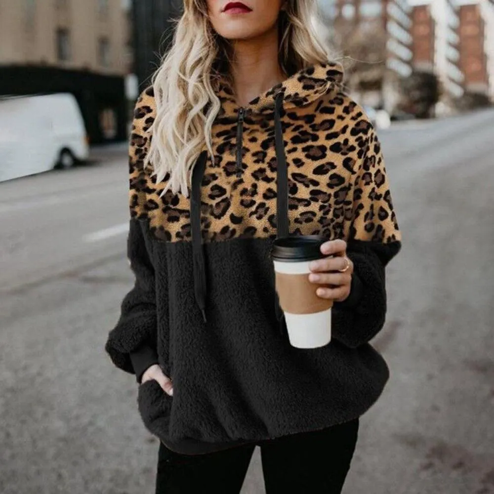 Leopard Zipper Pocket Top Hooded Sweatshirts Women Thick Pocket Warm