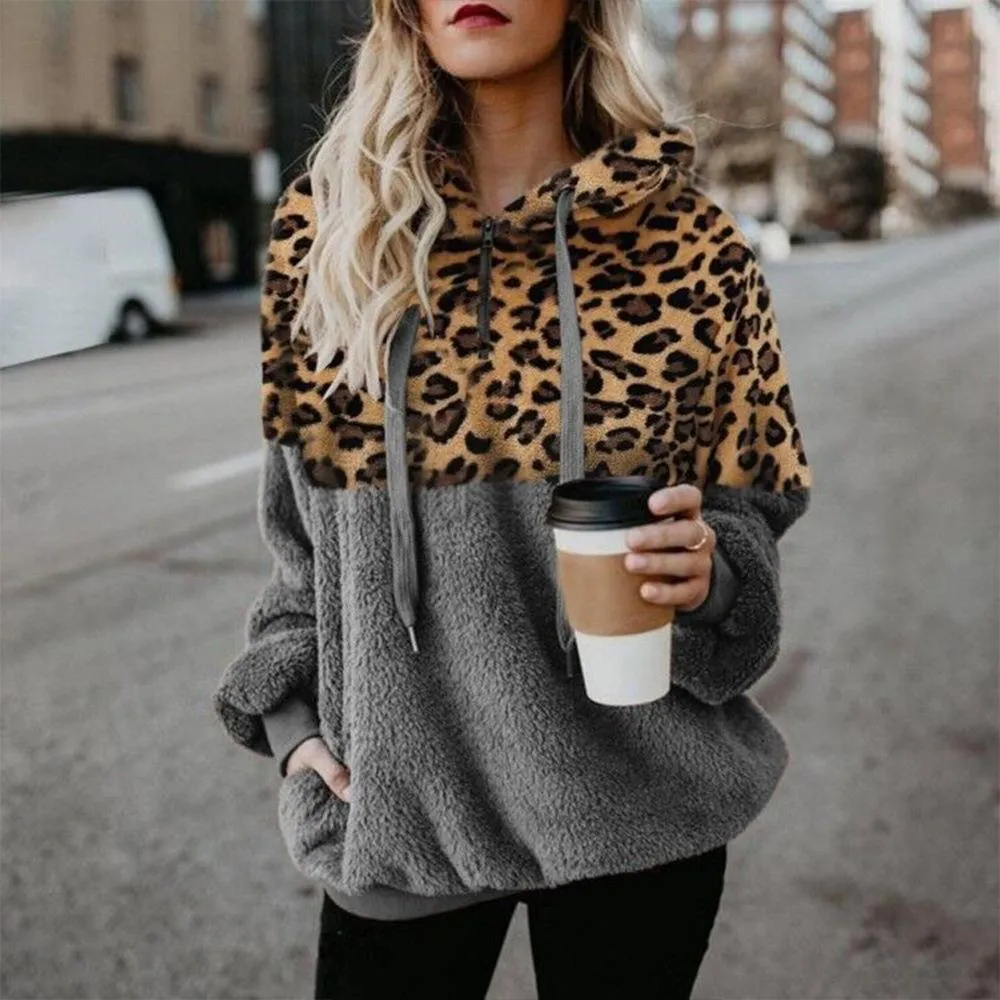 Leopard Zipper Pocket Top Hooded Sweatshirts Women Thick Pocket Warm
