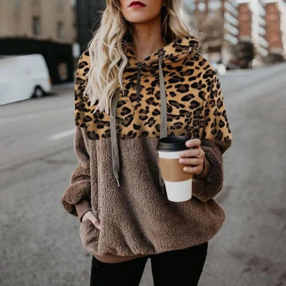 Leopard Zipper Pocket Top Hooded Sweatshirts Women Thick Pocket Warm