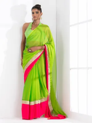 Lime Green Chiffon with Fuchsia Satin Border Saree with Green Sequin Blouse Fabric